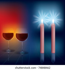 abstract illustration with candles and wineglasses on dark background