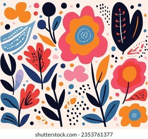 Abstract Illustration in Cartoon Style Flower and Leaves Patterns With, in the Style of Joan Miró, Irregular Shapes, Bold Brush Strokes, Alma Woodsey Thomas, Minimalist Backgrounds, Folknaïve