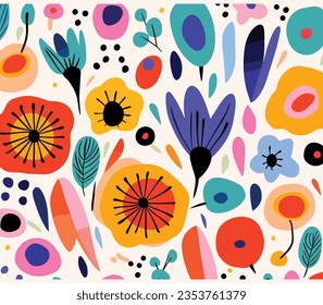 Abstract Illustration in Cartoon Style Flower and Leaves Patterns With, in the Style of Joan Miró, Irregular Shapes, Bold Brush Strokes, Alma Woodsey Thomas, Minimalist Backgrounds, Folknaïve