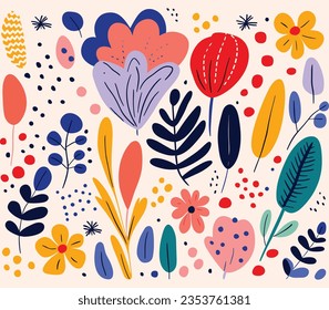 Abstract Illustration in Cartoon Style Flower and Leaves Patterns With, in the Style of Joan Miró, Irregular Shapes, Bold Brush Strokes, Alma Woodsey Thomas, Minimalist Backgrounds, Folknaïve