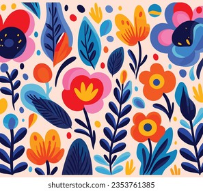 Abstract Illustration in Cartoon Style Flower and Leaves Patterns With, in the Style of Joan Miró, Irregular Shapes, Bold Brush Strokes, Alma Woodsey Thomas, Minimalist Backgrounds, Folknaïve