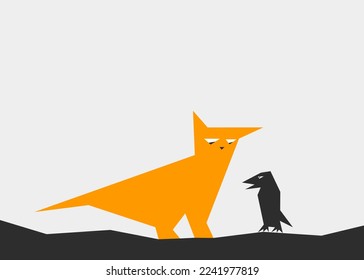 An abstract illustration of a cat and bird playing together