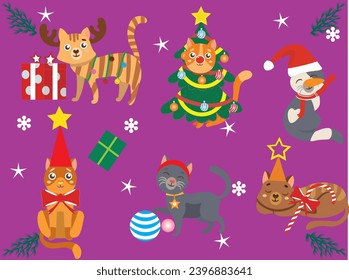 Abstract illustration of a cat decorated with Christmas and New Year decorations and a purple background