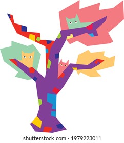 An abstract illustration of cats at the tree