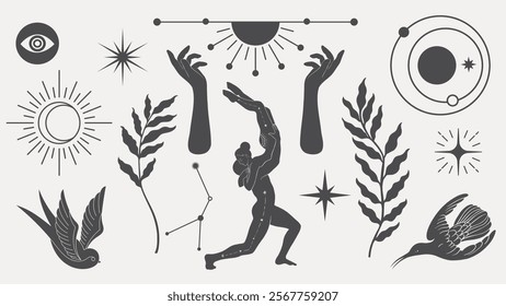 Abstract illustration with celestial symbols, hands, plants, and a dancing figure. Features stars, sun, and moon motifs in a mystical, cosmic design. Spirituality vector set.