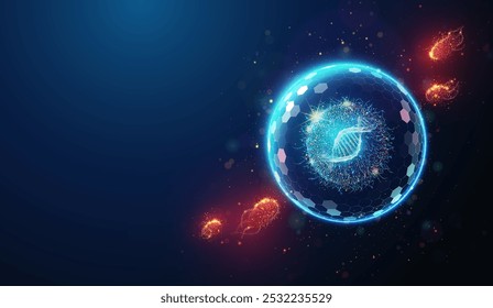 Ilustração abstrata de célula com espiral de DNA protegida por barreira de escudo feita de partículas de néon brilhantes. Fundo geométrico azul que representa o conceito médico de cuidados de saúde e de tratamento de doenças