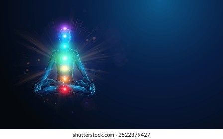 Abstract illustration of chakras glow over human sitting in lotus yoga pose in low poly style. Blue geometric background depicting chakra system, mental health and meditation concept by wireframe mesh