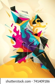 Abstract illustration with chaotic composition, made of various curved and geometric shapes in intense colors. Vector illustration.
