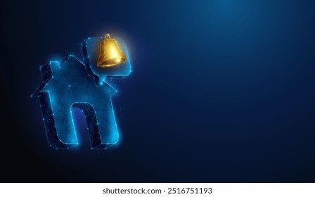 Abstract illustration of chat bubble with gold bell floating over house in low poly style. Blue geometric background depicting smart home online notification concept by wireframe connection structure