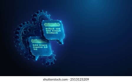 Abstract illustration of chat bubbles floating over gear in low poly style. Blue geometric background depicting chatbot service and artificial intelligence concept by wireframe connection structure