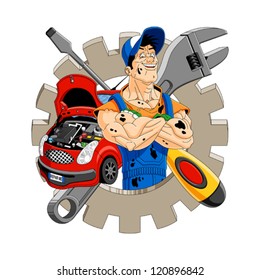 Abstract illustration of a cheerful mechanic with gear, car, screwdriver and wrench on the background.