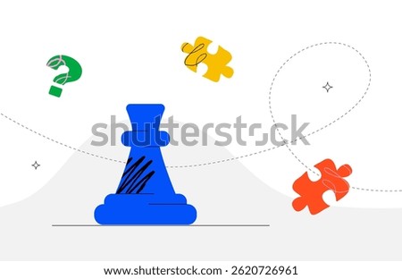 Abstract illustration with a chess rook, a question mark and colorful puzzle pieces connected by dotted lines. A metaphor for strategic thinking, problem solving, and process organization.