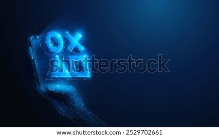Abstract illustration of circle, square, cross, triangle game symbols over smartphone in hand in low poly style. Blue geometric background depicting portable mobile gaming concept by wireframe mesh