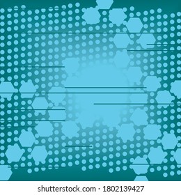 Abstract illustration with circles, hexagons and lines on a green background.