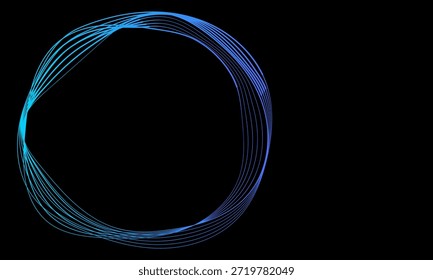 Ilustración Abstractas de una forma circular hecha de líneas azules y cian brillantes sobre un fondo negro. Diseño moderno para conceptos de tecnología y ciencia.