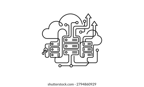 Abstract illustration of cloud computing and network servers with interconnected data pathways and upward arrows, symbolizing digital transformation and information flow.