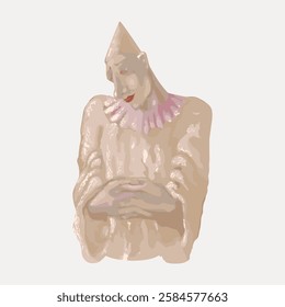 Abstract illustration of a clown with a pointed hat and pink ruffled collar. The clown's expression is serene, with muted colors and soft textures. Vintage art illustration, vector.