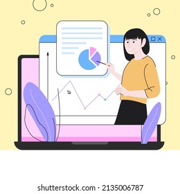 Abstract Illustration of a coach teaching, explaining. Presentation with infographics. Vector illustration