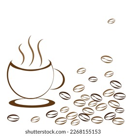 Abstract illustration of coffee beans and hot coffee with smoke coming out of coffee mug on isolated white background and copy space.