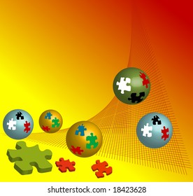 Abstract illustration with colored puzzle balls rolling down from a red net