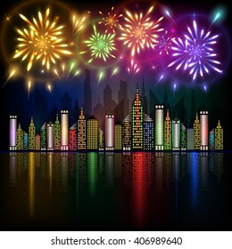 Abstract illustration of colorful fireworks exploding in night sky over downtown city with reflection in water