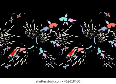 Abstract illustration colorful fish koi (Japanese, Chinese carp) in pond, floral algae (color red, blue, pink, black, white) background, fashion design vector print, seamless pattern band ribbon