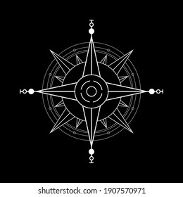 Abstract illustration of compass rose icon on black background. Geometric element made of radiating rectangles and arrows. 