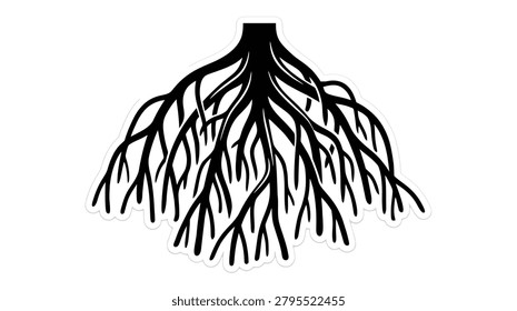 Abstract illustration of complex, interwoven tree roots in black and white, symbolizing growth, foundation, and natural connection.