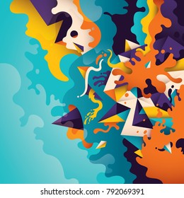 Abstract illustration with composition made of geometric and splattered shapes in various colors. Vector illustration.