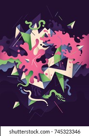 Abstract illustration with composition, made of various liquid and geometric shapes in intense colors. Vector illustration.