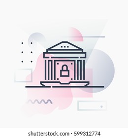 Abstract illustration concept of digital bank security, online safety personal finances. Premium quality unique graphic design with modern line icon symbol and colored geometric shapes on background. 