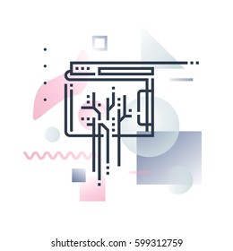 Abstract illustration concept of digital wallet technology, online transaction payment. Premium quality unique graphic design with modern line icon symbol and colored geometric shapes on background. 