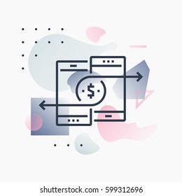 Abstract illustration concept of mobile payments and money transfer via smartphone. Premium quality unique graphic design with modern line icon symbol and colored geometric shapes on background. 