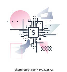 Abstract illustration concept of new financial technology and global fintech industry. Premium quality unique graphic design with modern line icon symbol and colored geometric shapes on background. 