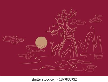 Abstract Illustration Concept Of Ox Mountain. Symbolizing Strength, Hard Work, And Resilience. Oriental And Landscape-inspired Art. 