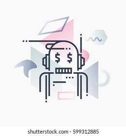 Abstract illustration concept of robo advisor, financial service artificial intelligence. Premium quality unique graphic design with modern line icon symbol and colored geometric shapes on background.