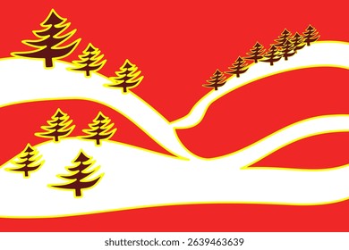 Abstract illustration of coniferous trees on snowy hills. Abstract modern design of winter nature. Red background, black coniferous trees with yellow stroke. Abstract, modern, winter landscape.