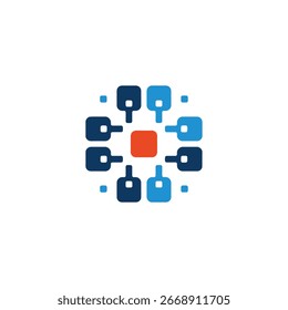 Abstract illustration of connected shapes in a circular pattern with a central square.