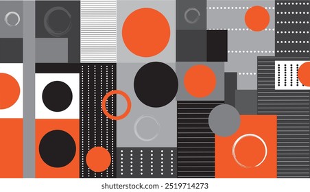 Abstract illustration consisting of various geometric shapes and patterns. Color palette with shades of grey, black, white and orange.