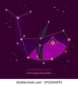 Ilustración abstracta de la constelación de Cetus, conexión de estrellas en el cielo, mapa de estrellas. Símbolo astrológico sobre fondo morado oscuro. Ilustración vectorial para el diseño de tarot cart, grupos sociales, comunidades.