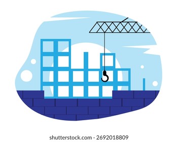 Ilustração abstrata de um local de construção com uma grua e parede de tijolos. Indústria e construção de uma casa ou fábrica de arte vetorial