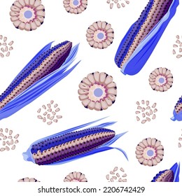 Abstract illustration of corn in section and its kernels with bright blue color. Collage and modern print. Trendy pattern for design.