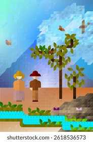Abstract illustration of a countryside with two farmers in the form of a mosaic made of little triangles