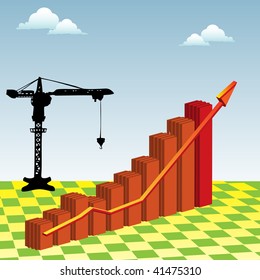 Abstract illustration with crane, clouds and colorful graph with arrow. Progress concept