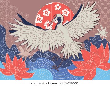 abstract illustration crane in minimalist asian style, with ornaments and waves