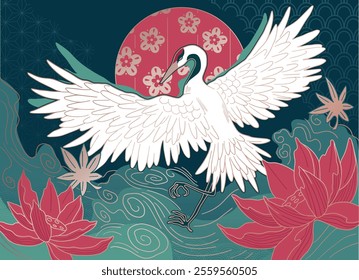 abstract illustration crane in minimalist asian style, with ornaments and waves