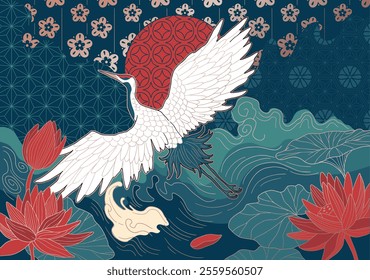 abstract illustration crane in minimalist asian style, with ornaments and waves