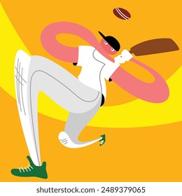 Abstract illustration of cricketer with elongated limbs in white uniform and green shoes, swinging bat on orange background. Dynamic action. Concept of sport, surrealism, competition, game.