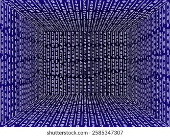 abstract illustration of a cube consisting of numbers arranged in a grid. The numbers are spaced evenly, creating a sense of depth and size. The background is dark blue and the effect is a futuristic 