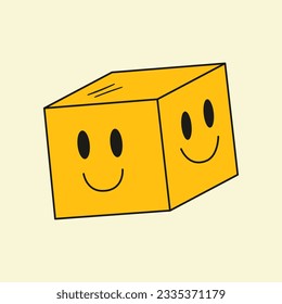 Abstract illustration of cube with smiling face. Funky doodle geometric emoji. 90s psychedelic symbol. Trippy art